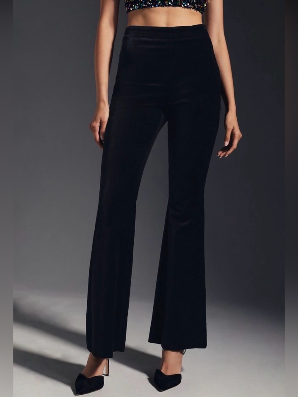 Anthropologie Velvet Flare Pants Black Size 12 NWT High Rise Holiday